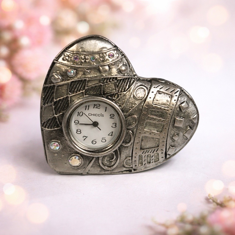 Vintage Chico's‎ Heart Shaped Mini Clock Valentine's Day Gift Pewter USA
